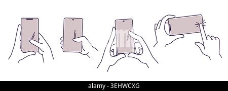 Hand holding smartphone with finger touching screen. Set of vector icons with person tapping and scrolling mobile device screen, simple sketch for app design, digital communication technology symbol Stock Vector
