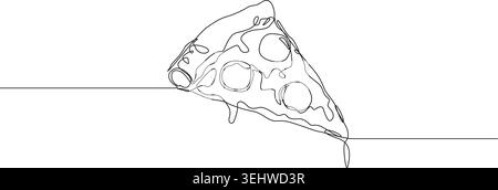 continuous line drawing of piece of pizza with melted cheese dripping from the sides, line art vector illustration Stock Vector