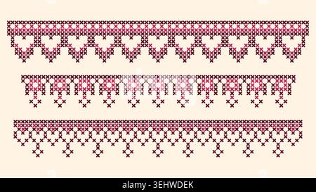 Traditional cross stitch floral border set isolated on white canvas background. Vector realistic illustration of red black ethnic embroidery motifs with flowers and hearts, seamless folk art pattern Stock Vector