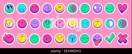 Groovy Y2K sticker emotion icons pack, vector set of illustrations. Funny smiling or sad face, retro heart, trendy cartoon characters, happy or angry pop art style emoticons for creative designs Stock Vector