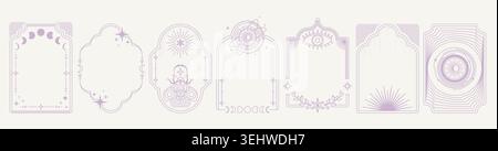 Celestial arch frame set with mystic astrology symbols. Vector illustration of bohemian line art windows with esoteric moth, sun, moon, star, flower, eye signs, vintage tarot card design elements Stock Vector