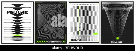 Abstract geometric poster set with black grid shapes. Vector realistic illustration of retro banners with distorted wireframe composition, cyberpunk design graphics, futuristic 3D elements for flyers Stock Vector
