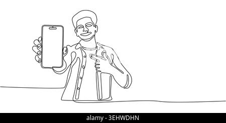 Hand Drawn Continuous Line Art Man Holding and Pointing at Smartphone Screen Stock Vector