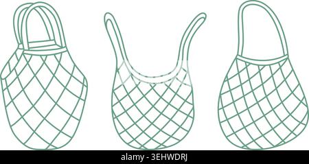 Cotton string shopping bag set. Eco-friendly green mesh market bag clip art. String bag collection for saving the planet. Vector graphics Stock Vector