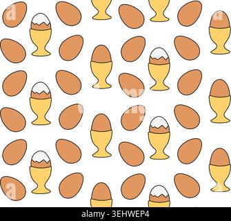 egg boiled and cup Colored seamless pattern hand drawn illustration. Vector graphic line art. Perfect for cafe logo, branding, packaging, labels, and Stock Vector