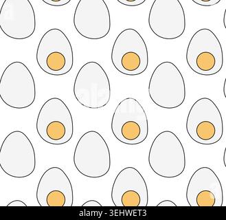 Boiled Egg whole and half seamless pattern hand drawn illustration. Vector colored graphic line art. Decorative element for cafe and restaurant menu, Stock Vector