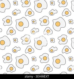 Fried eggs colored seamless pattern hand drawn illustration. Vector graphic line art. Silhouette sign for logo, print, comics, fashion, pop art, board Stock Vector