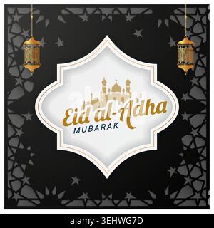Modern Islamic Eid al Adha background featuring hanging golden lanterns, decorative Arabic geometric border, mosque silhouette text composition, Stock Vector
