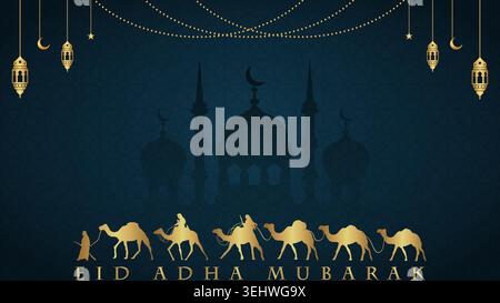 Modern Eid al Adha Islamic background design featuring camel caravan silhouettes, mosque skyline shadow, hanging lanterns, crescent moon, and luxury Stock Vector