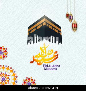 Beautiful Eid al Adha Mubarak greeting design featuring Kaaba illustration, colorful Arabic calligraphy, hanging Islamic lanterns, mosque silhouette, Stock Vector