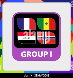 Vector Illustration of Soccer Tournament Group I with France, Senegal, Iraq, Norway. Modern rounded tile design with colorful background. Stock Vector