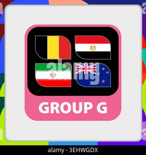 Vector Illustration of Soccer Tournament Group G with Belgium, Egypt, Iran, New Zealand. Modern rounded tile design with colorful background. Stock Vector