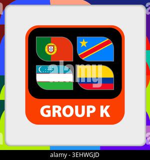Vector Illustration of Soccer Tournament Group K with Portugal, DR Congo, Uzbekistan, Colombia. Modern rounded tile design with colorful background. Stock Vector