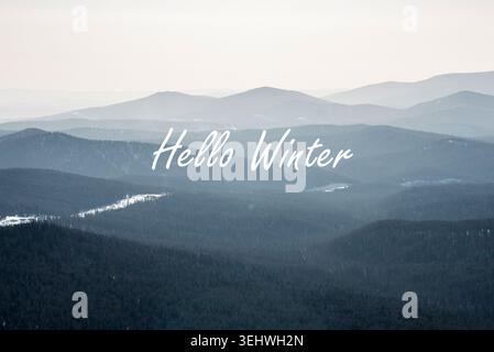 Greeting card banner with inscription Hello, winter on background of snowy forest Stock Photo