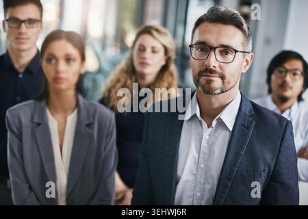 Meeting, workshop and portrait of business man in office for capital venture expo, conference and project. Tradeshow, development and seminar with Stock Photo