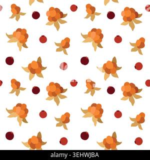 Hand-drawn seamless pattern with autumn forest wild berries, cloudberry and cranberry for seasonal design or packaging Stock Vector