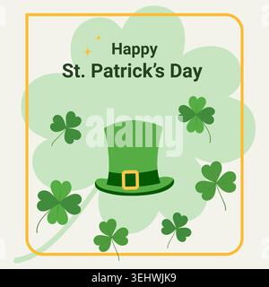 Happy St Patrick Day Festive greeting card with leprechaun hat and shamrocks in clean flat style. Isolated vector illustration Perfect for invitations, poster, banners and holiday advertising projects Stock Vector