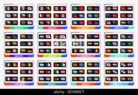 Football Group Stage Tournament Match Schedule Template Graphic, showing match fixtures and versus pairings with various country national flags. Vecto Stock Vector