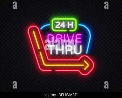 24H Drive Thru neon sign with glowing arrow and vibrant colors. Modern roadside symbol, takeaway window, diner branding and street food. Stock Vector