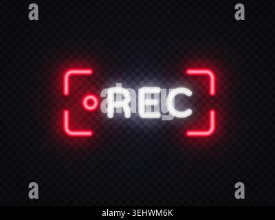 Neon REC icon with glowing frame on transparent background. Bright livestream symbol for video recording, streaming interface, broadcast overlay and Stock Vector