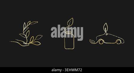 Three shining golden one line art icons on a black background. Includes a hand holding a plant, a bottle with a leaf, and an eco-friendly car. Stock Vector