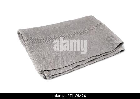 Grey Linen Napkin Cloth Isolated, Vintage Folded Tablecloth, Natural Eco Textile, Linen Napkin on White Background Stock Photo
