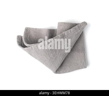 Grey Linen Napkin Cloth Isolated, Vintage Folded Tablecloth, Natural Eco Textile, Linen Napkin on White Background Stock Photo
