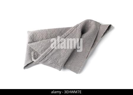 Grey Linen Napkin Cloth Isolated, Vintage Folded Tablecloth, Natural Eco Textile, Linen Napkin on White Background Stock Photo
