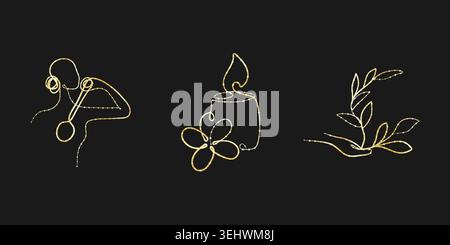 Three elegant one line art illustrations feature golden glitter lines on a dark background. A musician plays an instrument, a candle burns beside a flower, and a hand holds a leafy plant. Stock Vector