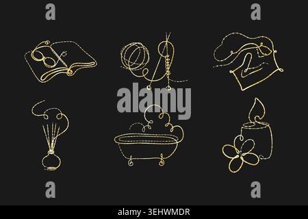 Six golden one line art illustrations on a black background. Icons show an open book, yarn with needles, a chef hat, a reed diffuser, a steaming bathtub, and a lit candle with a flower. Stock Vector