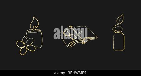 Three elegant golden one line art illustrations on a black background. Featured are a glowing candle with a flower, an open book, and a bottle topped with a leaf. Stock Vector