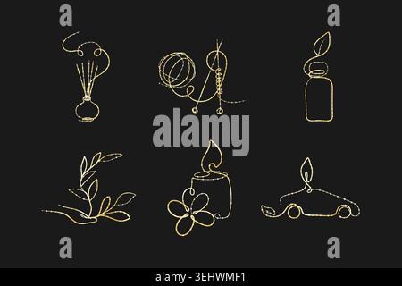 Six elegant gold continuous line art drawings on a black background. They show a diffuser, yarn, essential oil, a hand with leaves, a candle, and an eco-friendly car. Stock Vector