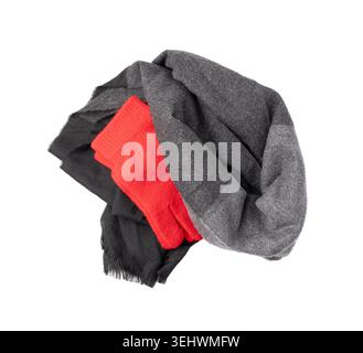 Grey Scarf and Red Gloves Isolated, Warm Gray Neckerchief, Autumn Shawl, Single Wool Scarf on White Background Top View Stock Photo
