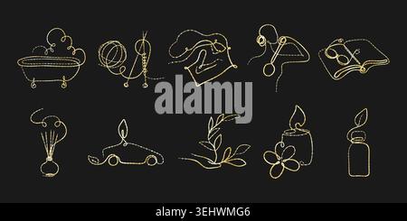 Ten shimmering golden one line art designs displayed against a dark background. Stock Vector