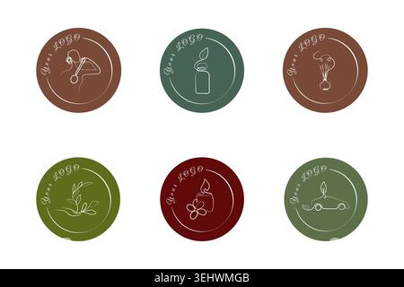 Six distinct circular logos are displayed on a white surface. Each design features simple white line art within a solid colored circle. Stock Vector