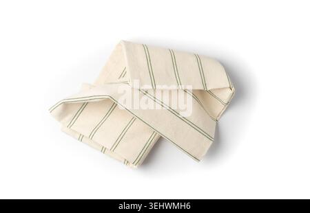 White Striped Napkin Cloth Isolated, Vintage Folded Tablecloth, Natural Eco Textile, Cotton Napkin on White Background Stock Photo