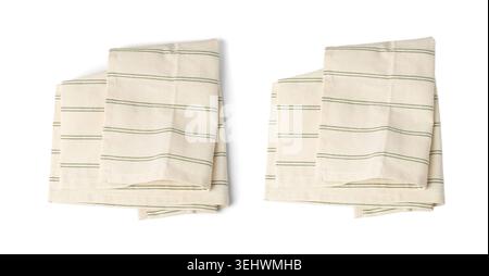 White Striped Napkin Cloth Isolated, Vintage Folded Tablecloth, Natural Eco Textile, Cotton Napkin on White Background Stock Photo