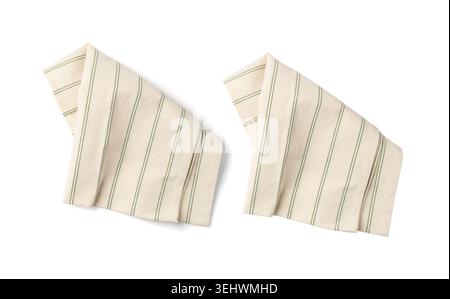 White Striped Napkin Cloth Isolated, Vintage Folded Tablecloth, Natural Eco Textile, Cotton Napkin on White Background Stock Photo