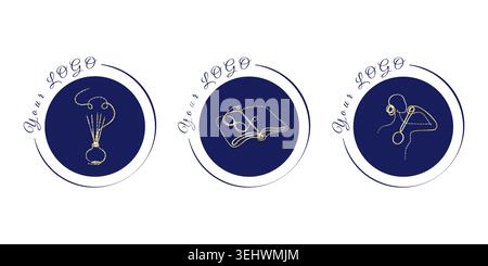 Three elegant gold line art designs are shown within circular dark blue frames. Stock Vector