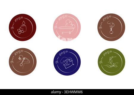 Six distinct circular logos feature line art icons including a candle, bathtub, diffuser, massage, a relaxed person, and a plant. Stock Vector