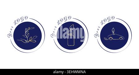 Three round dark blue logos featuring elegant gold line art. Designs include a hand holding a plant, a bottle with a leaf, and an eco-friendly car, suitable for nature and sustainability themes. Stock Vector