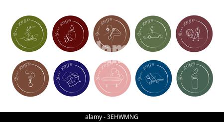 Ten round logos showcase minimalist white single line art icons on rich colored backdrops. Stock Vector