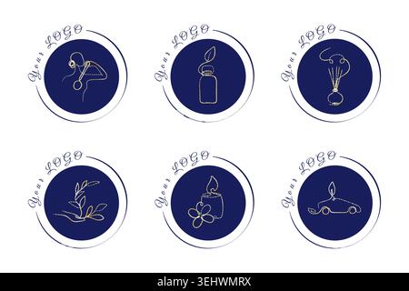 A grid of six dark blue circular logos with thin gold line art. Concepts include massage, essential oils, fragrance diffusers, natural plants, lit candles, and an eco car design. Stock Vector