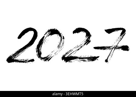 2027 Grunge Happy New Year Calligraphy. Black ink brushstroke lettering of the year 2027 isolated on white.  Stock Vector