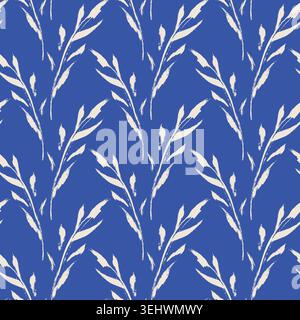 Blue grunge leaves vector seamless pattern. Abstract brush stroke botanical branches and dry paint foliage design for modern print, fabrics, packaging Stock Vector