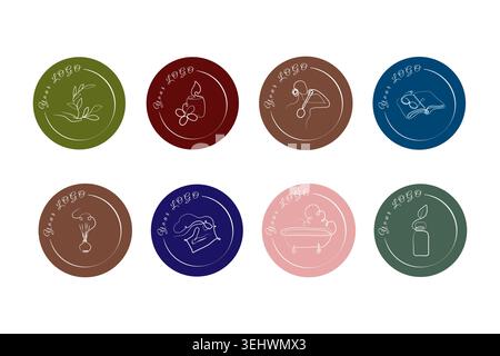 Eight circular emblems display diverse white line art concepts. Themes include nature, relaxation, wellness, cooking, and learning, set against colorful backgrounds. Stock Vector