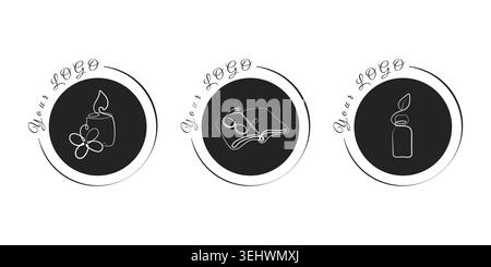 Three black circular line art logos are displayed. The first shows a lit candle and flower, the second an open book with glasses, and the third a bottle with a leaf. Stock Vector
