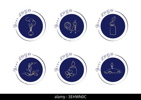 Six elegant gold line art logos on deep blue circular backgrounds, each featuring different themes like home fragrance, crafts, nature, and eco transport. Stock Vector