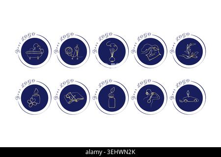 Ten round dark blue logos feature elegant gold line art designs. Icons include a bathtub, knitting, diffuser, chef hat, plant, candle, book, bottle, headphones, and a car, suitable for various brands. Stock Vector