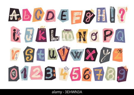 Grunge ransom note alphabet vector set. Funky modern brush stroke cutout letters and numbers. Collage typography elements with scrapbooking Stock Vector